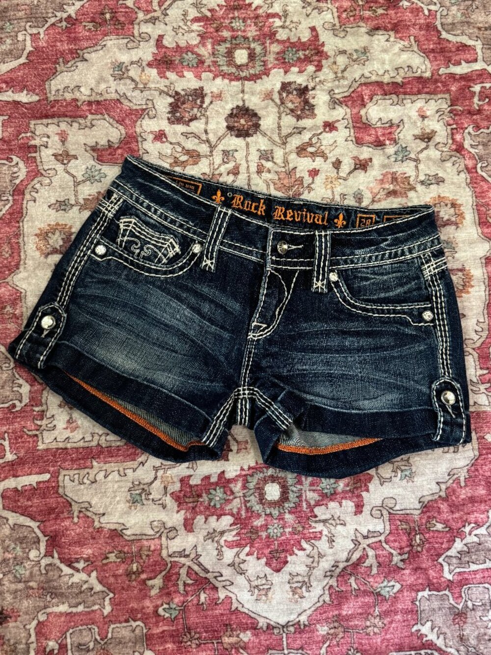 Rock Revival Alanis Denim Shorts Dark Wash Rhinestone Fleur de Lis US 28